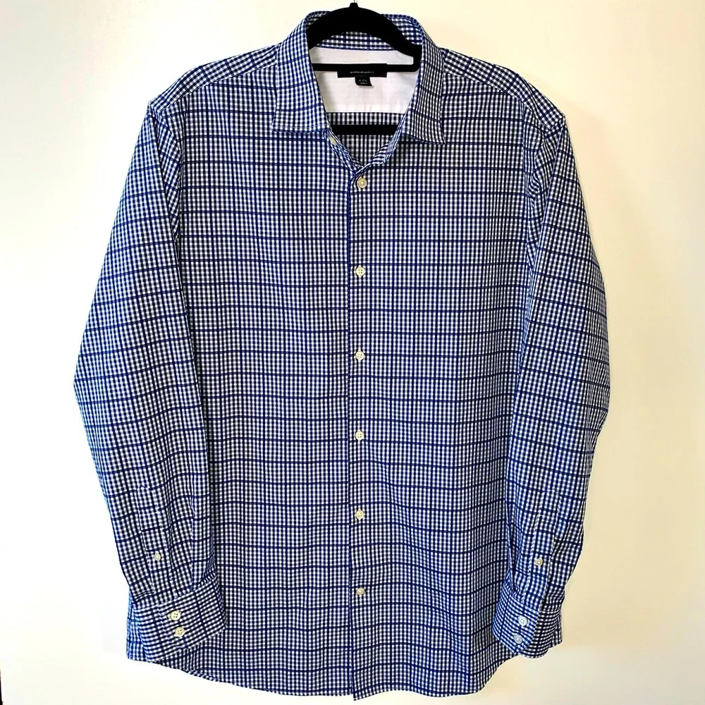 BANANA REPUBLIC Slim Fit Oxford Shirt Checks Navy & White Non Iron 17-17 1/2 XL